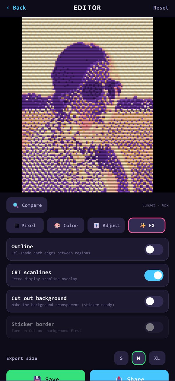 Retro FX: a portrait rendered in the Sunset palette with CRT scanlines enabled