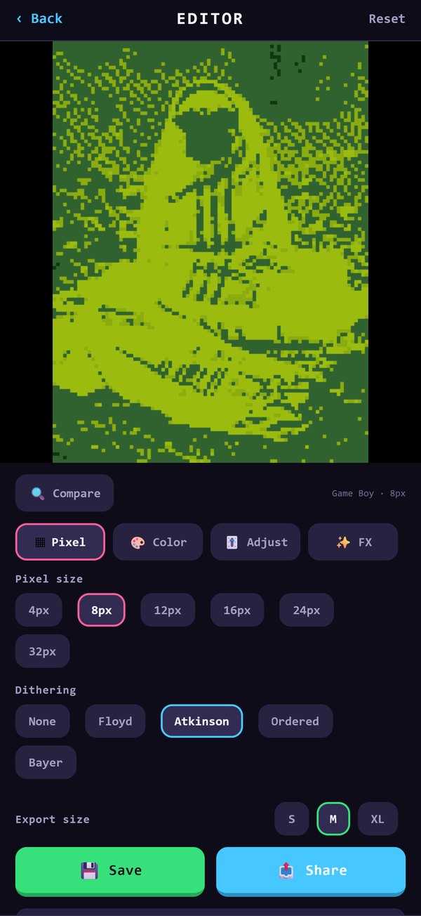 The Pixelize editor: a pug rendered in Game Boy greens, pixel-size chips from 4px to 32px and five dithering modes below