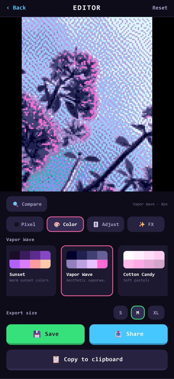 The Color tab: pink flowers dithered in the Vapor Wave palette, with Sunset and Cotton Candy palettes beside it